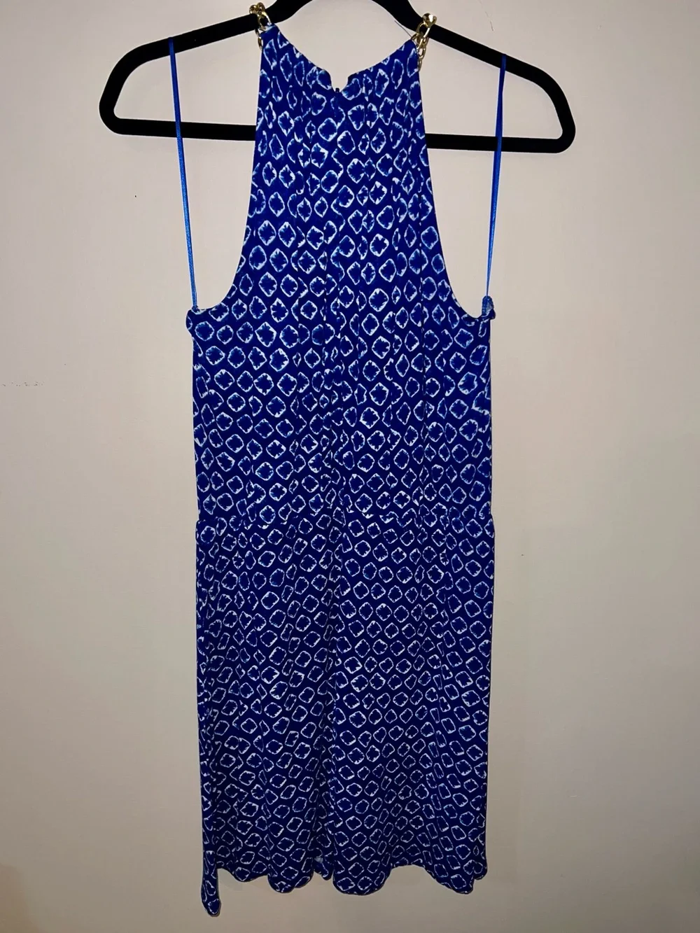 Michael Kors Blue Printed Halter Dress with Gold Chain Detail